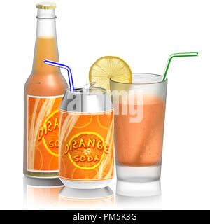 3D illustration. Bouteille en verre de jus d'Orange, de canettes. Parfum d'isolé sur fond blanc Banque D'Images