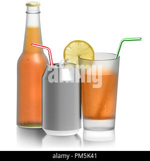 3D illustration. Bouteille en verre de jus d'Orange, de canettes. Parfum d'isolé sur fond blanc. Banque D'Images