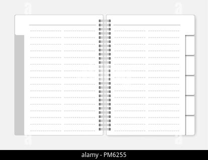 Colonne 2 ligne pointillée portable avec des diviseurs de l'onglet, vector immersive. Ouvrez le bloc-notes à spirale avec des signets modèle. Journal d'affaires à spirale, des maquettes Illustration de Vecteur