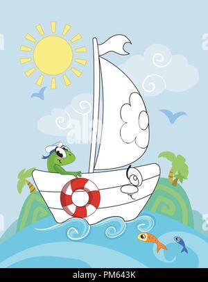 La page de coloriage pour les enfants d'âge préscolaire avec arrière-plan coloré et un dessin à colorier de bateau Illustration de Vecteur