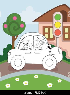 La page de coloriage pour les enfants d'âge préscolaire avec arrière-plan coloré et un dessin à colorier de voiture Illustration de Vecteur