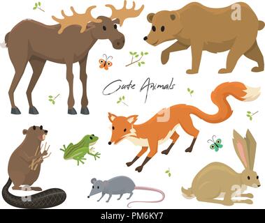 Des animaux pour bébé. L'orignal et le chevreuil sauvage, le lièvre, le loup et l'ours. grenouille et fox. vintage monde. Cartoon vector. Illustration de Vecteur