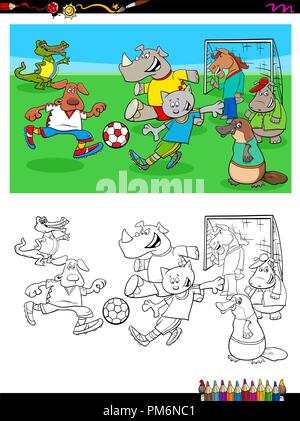 Cartoon Illustration de personnages animaux jouant au football ou soccer Feuille de coloriage Illustration de Vecteur