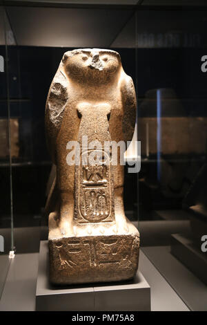La figure de Dieu Ra-Horakhty d'un piédestal falcon assis derrière un cartouche de Ramses II. 19e dynastie. Règne de Ramese II. C. 1270BC. Tell-el-Maskhuta. Banque D'Images