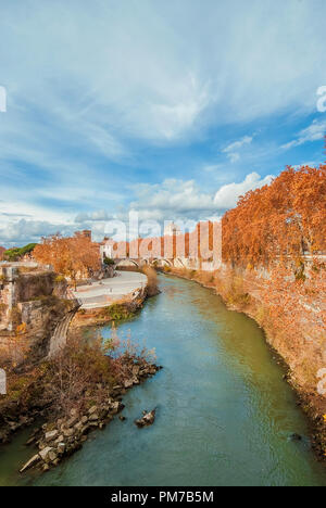 L'automne et le feuillage à Rome. Les feuilles rouges et jaunes près de l'île du Tibre à l'ancien pont romain, dans le centre historique de la ville Banque D'Images