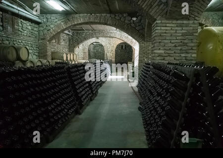 L'ancienne cave à vin avec des fûts de chêne et des étagères avec des bouteilles de Banque D'Images