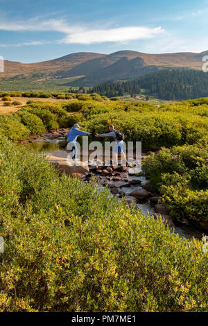 Georgetown, Colorado - une femme plus âgée obtient de l'aide d'un homme plus jeune en traversant un ruisseau sur le sentier du col de Dom Guanella 14 060 pieds de Mt. Bierstadt j Banque D'Images