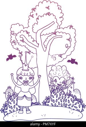 Des enfants heureux contour dégradé avec costume halloween et les chauves-souris Illustration de Vecteur