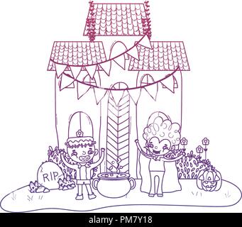 Contour dégradé château effrayant avec enfants costume et chaudron pot Illustration de Vecteur