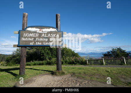 Inscrivez-vous accueille les visiteurs à Homer en Alaska, la capitale de la pêche au flétan du monde Banque D'Images