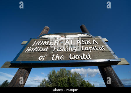 Inscrivez-vous accueille les visiteurs à Homer en Alaska, la capitale de la pêche au flétan du monde Banque D'Images