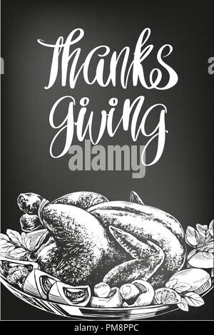 Thanksgiving Day, maison de poster, rôti de dinde, poulet,avec des ingrédients, texte calligraphie hand drawn vector illustration croquis Illustration de Vecteur