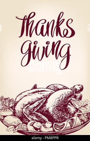 Thanksgiving Day, maison de poster, rôti de dinde, poulet,avec des ingrédients, texte calligraphie hand drawn vector illustration croquis Illustration de Vecteur