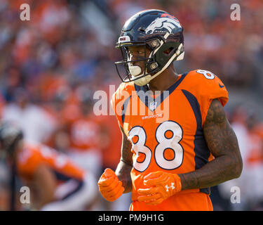 16 septembre 2018 : Denver Broncos receveur Demaryius Thomas (88) au cours du quatrième trimestre d'un match de la NFL entre les Raiders d'Oakland et les Broncos de Denver Broncos at Mile High Stadium Denver CO, Scott D Stivason/Cal Sport Media Banque D'Images