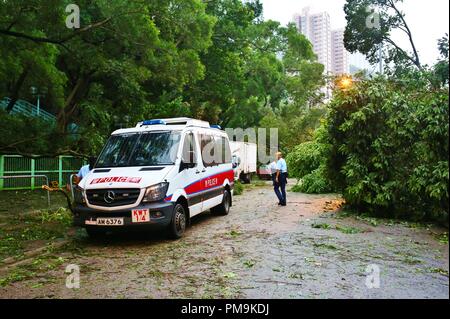 Hong Kong, Hong Kong - le 17 septembre 2018. Le super typhon Mangkhut fait des destructions massives après avoir frappé Hong Kong avec des vents jusqu'à 240k/h. Les agents de police d'inspecter une zone avec des arbres tombés à la suite de l'ouragan de catégorie 5. (Photo crédit : Gonzales Photo - Fei Wong). Gonzales : Crédit Photo/Alamy Live News Banque D'Images