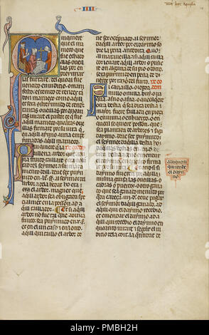 Q initiale : un juge du doigt deux hommes avec une RAM. Date/Période : Ca. 1290 - 1310. Folio. Température de couleurs, la feuille d'or, et de l'encre sur parchemin. Hauteur : 365 mm (14.37 in) ; Largeur : 240 mm (9,44 in). Auteur : Inconnu. Banque D'Images