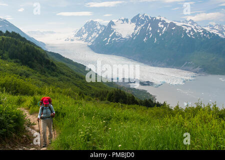 Randonnée au Glacier Spencer cabine, banc, la Forêt Nationale de Chugach Alaska. Banque D'Images