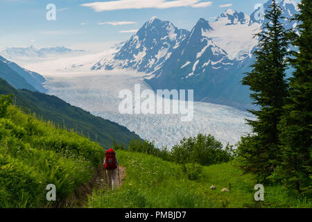 Randonnée au Glacier Spencer cabine, banc, la Forêt Nationale de Chugach Alaska. Banque D'Images