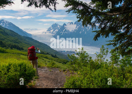 Randonnée au Glacier Spencer cabine, banc, la Forêt Nationale de Chugach Alaska. Banque D'Images