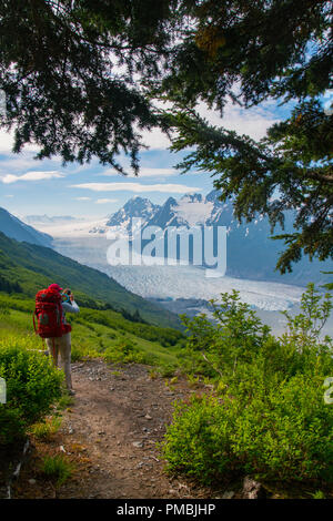 Randonnée au Glacier Spencer cabine, banc, la Forêt Nationale de Chugach Alaska. Banque D'Images