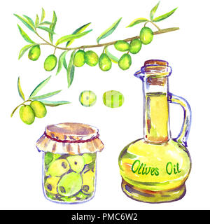 Produits de l'agriculture biologique : branches d'oliviers, d'huile d'Olive bouteille avec l'inscription et pot d'olives marinées maison isolée, illus aquarelle peinte à la main Banque D'Images