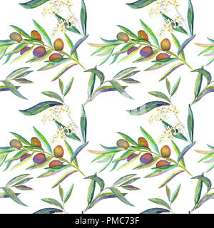 L'or ou de branches d'Oliviers blonde avec fruits, fleurs et feuilles, seamless pattern design, illustration aquarelle peinte à la main Banque D'Images