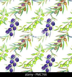 Noir, Or ou blonde et branches d'Oliviers vert avec des fruits, un pattern design, illustration aquarelle peinte à la main Banque D'Images