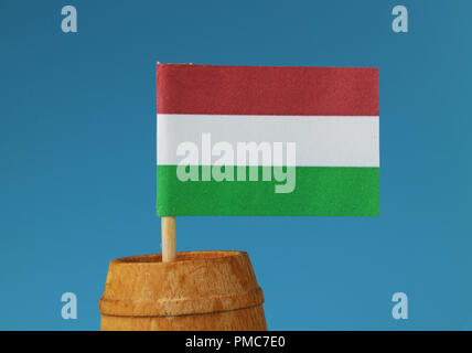 Un détail sur le drapeau d'Hungaria sur bâton en bois sur fût en bois. Fond bleu Banque D'Images