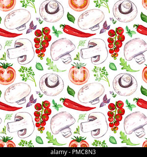 Champignons, tomates, le poivre et les herbes aromatiques, direct pattern design, illustration aquarelle peinte à la main Banque D'Images