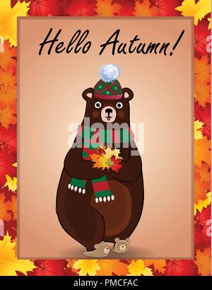 Bonjour automne typographie design card. Vector cartoon character illustration de cute bear en écharpe en tricot vert et hat holding bouquet à feuilles d'érable Illustration de Vecteur