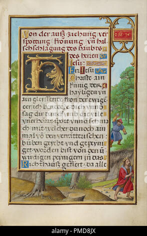 Frontière avec Shimei lancer des pierres à David. Date/Période : Ca. 1525 - 1530. Folio. Couleurs, tempera, peinture or et feuille d'or sur du parchemin. Hauteur : 168 mm (6.61 in) ; Largeur : 114 mm (4.48 in). Auteur : Simon Bening. Banque D'Images