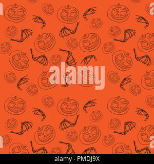 Modèle logique pour l'Halloween. La citrouille et les os sont une esquisse dessinée à la main. Portrait dessiné de la citrouille et les os de la main. Illustration de Vecteur