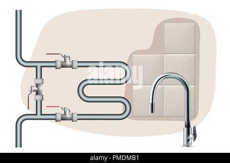 Les carreaux de céramique dans la salle de bains. Sèche serviettes et robinet. Vector illustration. Illustration de Vecteur