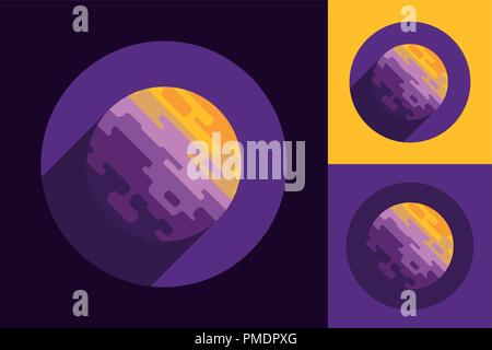 Planète cosmique logo en forme ronde violet sur fond jaune et noir, Illustration de Vecteur