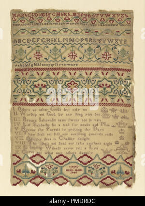 Échantillonneur. Date/période : 1740. Échantillonneur. Médium : broderie de soie sur base de laines. Type de technique : cross, satin et oeillet de points de tissage ordinaire. Auteur : Anne Hart. Banque D'Images