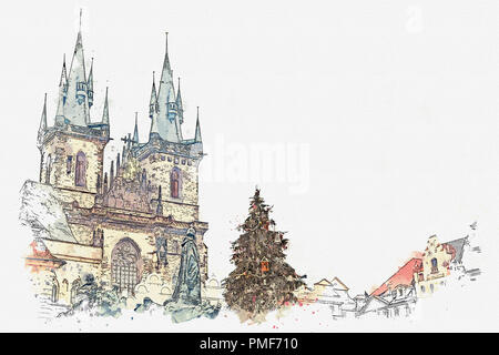 L'illustration. Arbre de Noël décoré se dresse sur la place principale de Prague pendant des vacances. À côté de lui est un beau vieux temple avec un toit noir Banque D'Images