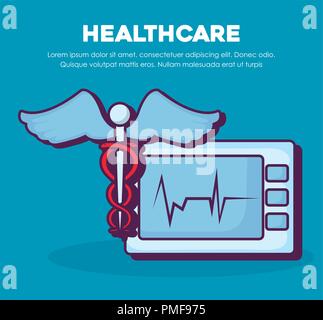 L'infographie du concept de soins de médecine caducée avec icône symbole sur fond bleu, design coloré. vector illustration Illustration de Vecteur