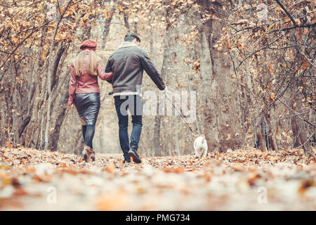 La femme et l'homme dans l'automne se promener avec leur chien dans le parc Banque D'Images