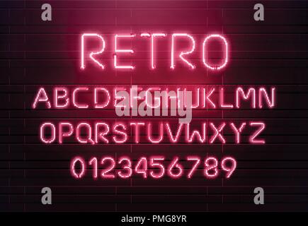 Néon de Lumière font lettre ensemble. Inscrivez-Bar type de vecteur. Cinéma casino et lumineux texte rouge sur fond de mur de briques de l'alphabet. Rétro arrière. Illustration de Vecteur