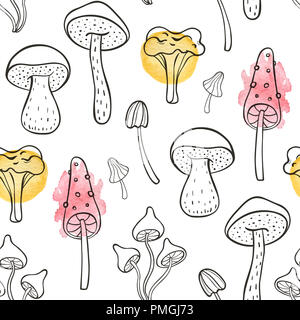 Automne doodle motif transparent avec champignons des bois sur un fond blanc. Illustration à la main à l'aquarelle. Banque D'Images