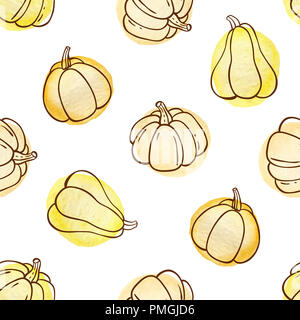 Automne doodle motif transparent avec des citrouilles sur un fond blanc. Illustration à la main à l'aquarelle. Banque D'Images