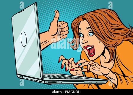Comme le pouce vers le haut, femme blogger working on computer Illustration de Vecteur