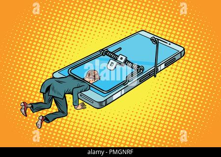 Homme coincé dans une souricière téléphone intelligent Illustration de Vecteur