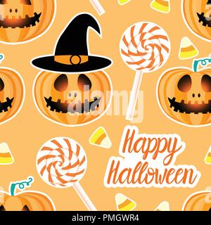 Jack lantern avec facile et Candy corn. Happy Halloween jackolantern modèle homogène. Vector illustration isolé sur fond orange. Illustration de Vecteur
