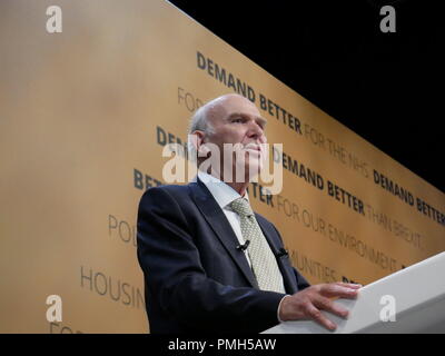 Brighton, UK. 18 septembre 2018. Libdem Chef Sir Vince Cable adresses MP libéraux-démocrates à leur conférence de l'automne 2018, à Brighton. Banque D'Images