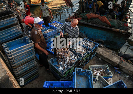 (180918) -- Gaza, 18 septembre 2018 (Xinhua) -- les pêcheurs palestiniens travaillent au port maritime de Gaza, dans la ville de Gaza, le 17 septembre, 2018. Pour aller avec fonctionnalité : les pêcheurs de Gaza luttent pour survivre au milieu d'Israël les restrictions maritimes (Xinhua/Stringer) (côté droit) Banque D'Images