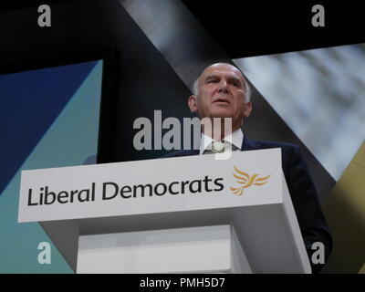 Brighton, UK. 18 septembre 2018. Libdem Chef Sir Vince Cable adresses MP libéraux-démocrates à leur conférence de l'automne 2018, à Brighton. Banque D'Images