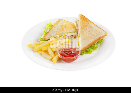 Sandwich avec œufs brouillés, bacon, jambon, et laitue, frites et ketchup, sauce barbecue. Vue de côté. Pour servir un café, un restaurant à la moi Banque D'Images