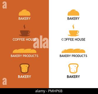 Produits de boulangerie et d''une icône sur fond blanc et brun. Vector Logo emblème de boulangerie dans un design élégant et minimaliste avec des sous-titres Modèle de titre Illustration de Vecteur