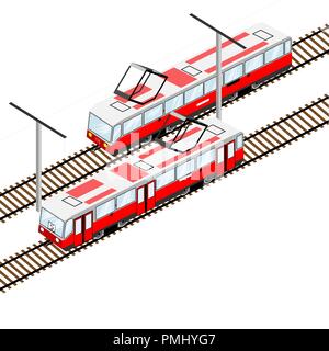 Les trams de la ville en vue isométrique Illustration de Vecteur